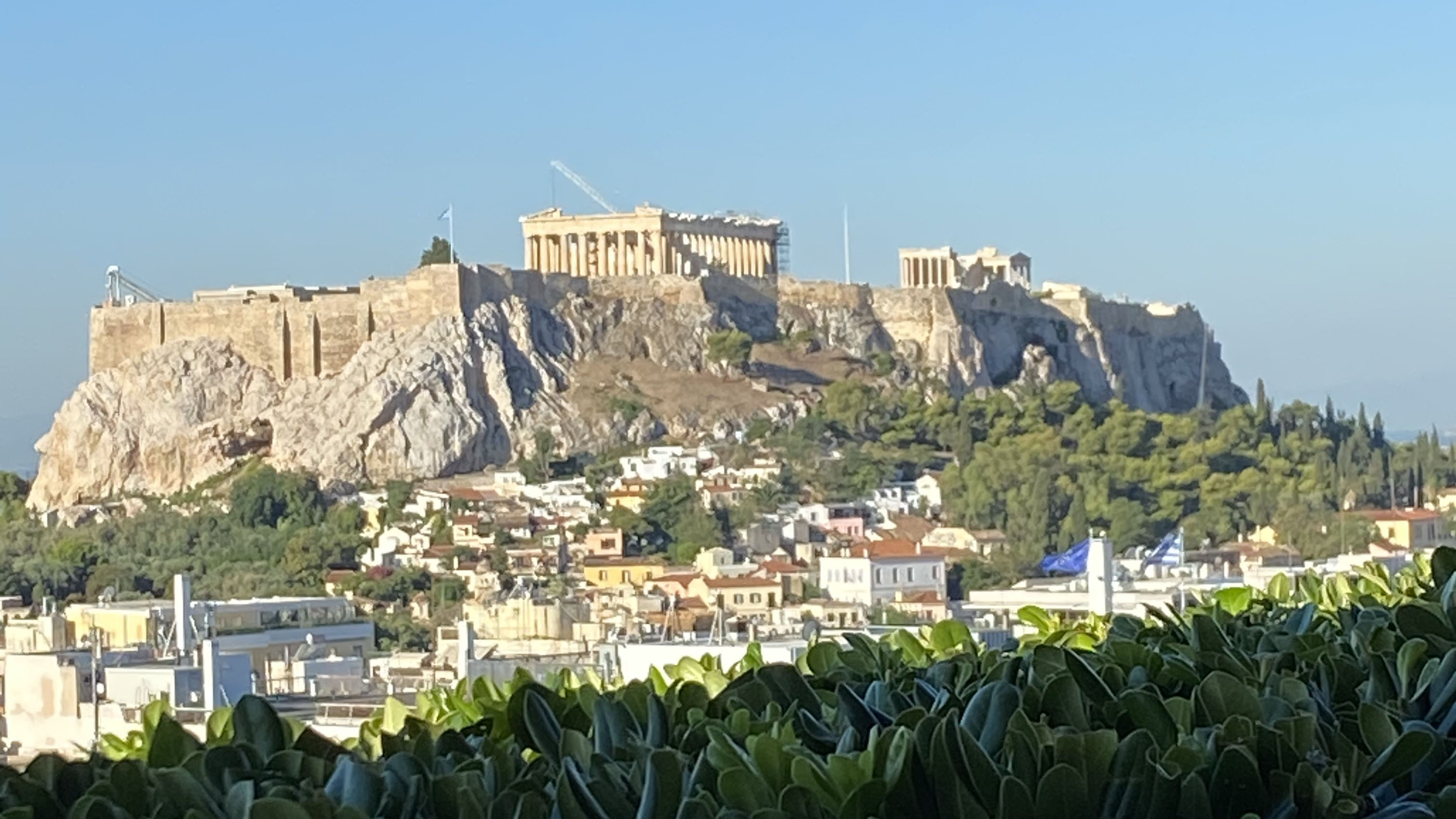 Daytime view of Athens acropolis from Grande Bretagne rooftop